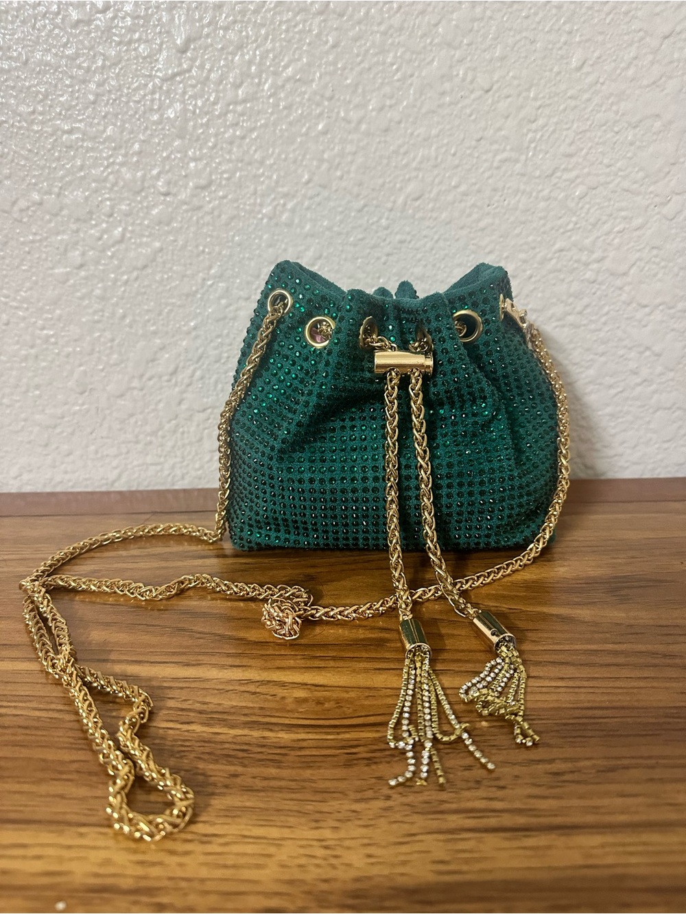 Emerald Green Mini Drawstring Bag with Gold Chain